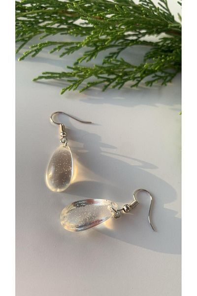 MISS GOLDEN Shiny Silver - Drop Shape Epoxy Earrings, Gift Handmade