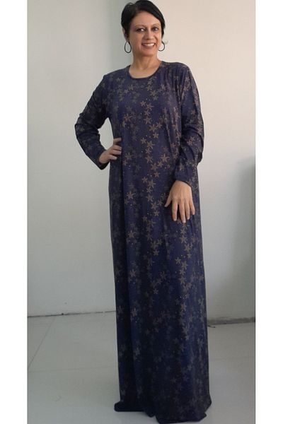 Mertcan Butik Μακρυμάνικο φόρεμα από χτενισμένο βισκόζη με μοτίβο μπλε ναυτικό αστέρι