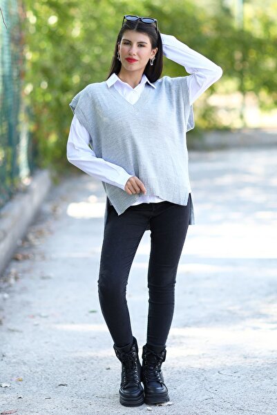 GİYSA Сірий V-подібний виріз Акриловий светр - Стильний дизайн 3079