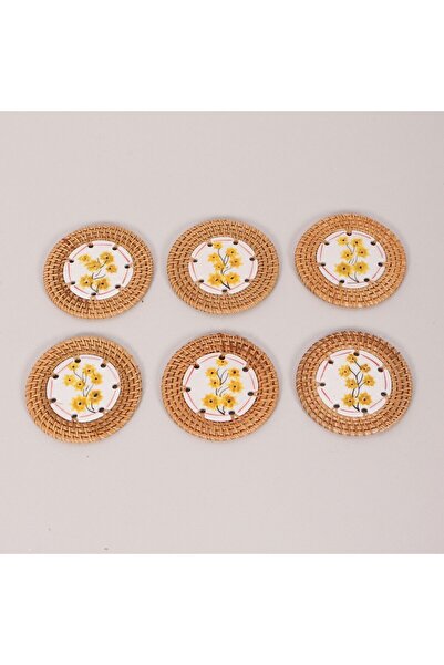 Mylamp Papatya 6-Piece Natural Rattan and Handmade Ceramic Coasters