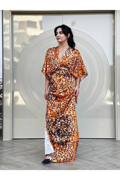 Michelle COCO Rochie de seară portocalie cu imprimeu leopard și detaliu decoltat la spate