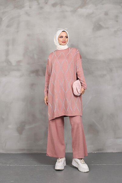 nacar çarşı KADIN MODEST DALGA DESENLİ YANDAN YIRTMAÇLI SİMLİ TRİKO TUNİK