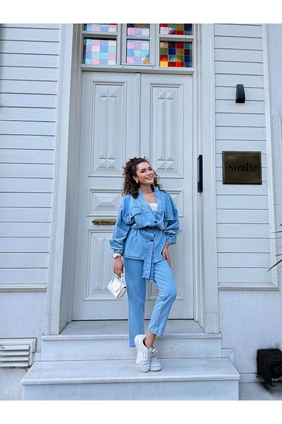 HK Style Women's Jeans Jacket and Trousers Set with Elastic Waist