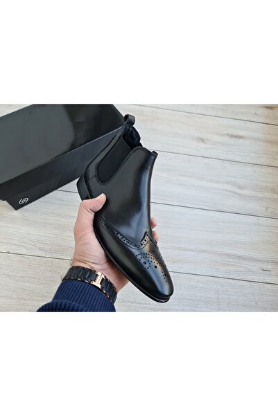 Özel Yapım Siyah Hakiki Deri Chelsea Italyan Model Klasik Kesim Erkek Bot