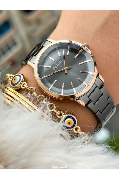 Ferrucci Brand Steel Cord Smoke Color Women's Wrist Watch + Evil Eye Beaded Bracelet