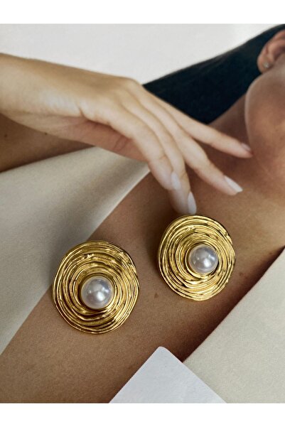 Pinery Jewels İncili Halka Çelik Üzeri Kaplama Paslanmaz Çelik Kadın Küpe Çifti