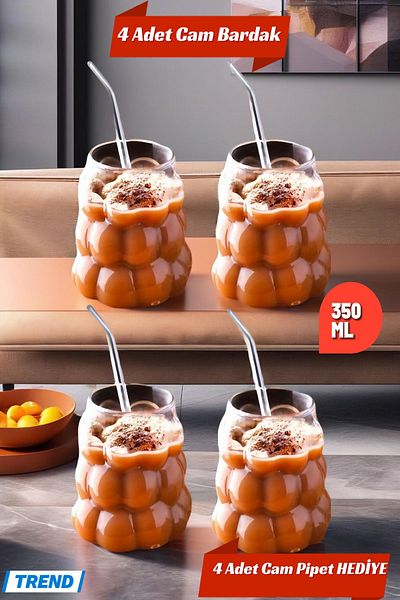 Open Home Concept 350 mL BoroSilicate Cocktail - 4 Grape Model, Cold and Hot Coffee Soft Drink Cup, 4 GlaSS Straw Gift