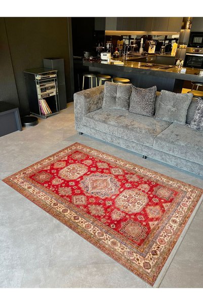 Rugs Modern Halı Συλλογή İnci Μπεζ με λεπτομέρειες μπορντούρας, κόκκινο έθνικ...