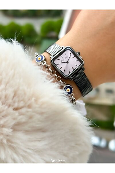 Ferrucci Brand Smoked Color Steel Cord Mini Square Case Women's Wrist Watch+Nazar Beaded Bracelet