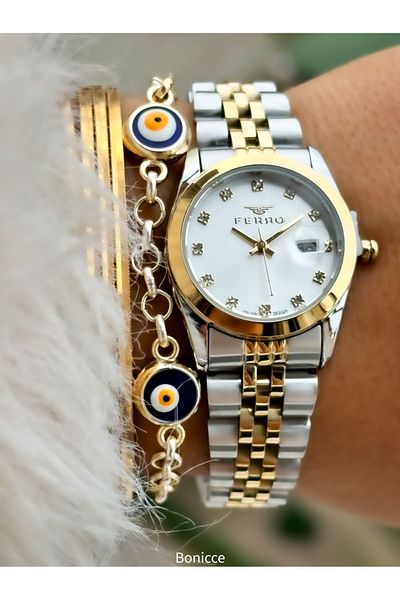 FERRO Brand Steel Cord, Silver Color, Small Case Women's Wrist Watch + Evil Eye Beaded Bracelet