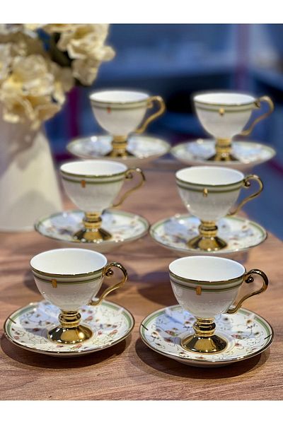 ACAR Turkish Coffee Cup Set with 6 Arlen Flower Plates and Green Gold Feet