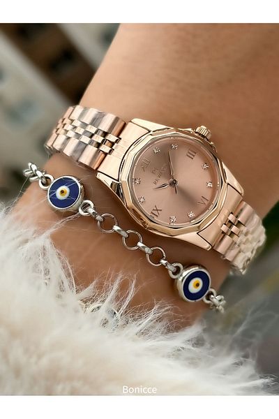Reward Brand Color Steel Cord Small Mini Case Jewelled Women's Wristwatch+Nazar Beaded Bracelet