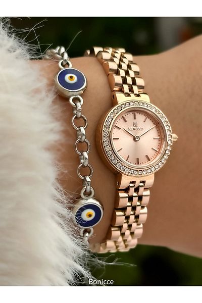 Reward New Model Color Steel Cord Small Mini Case Rhinestoned Women's Wristwatch + Nazar Beaded Bracelet