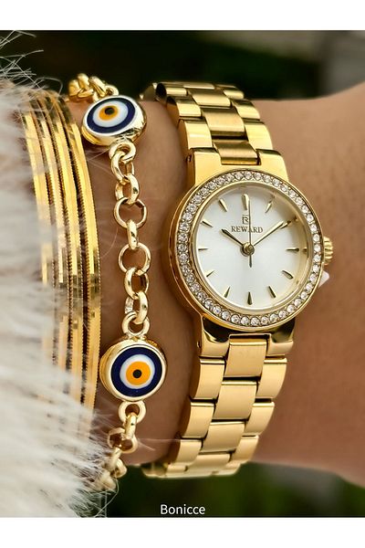Reward New Model Yellow Color Steel Cord Small Mini Case Rhinestoned Women's Wristwatch + Nazar Beaded Bracelet