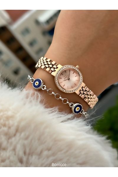 Reward New Model Color Steel Cord Small Mini Case Rhinestoned Women's Wristwatch + Nazar Beaded Bracelet