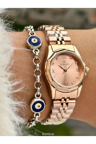 Reward Brand Color Steel Cord Small Mini Case Jewelled Women's Wristwatch+Nazar Beaded Bracelet