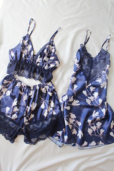 blackstrip Floral Düşler Saten Gecelik ve Şort Takımı