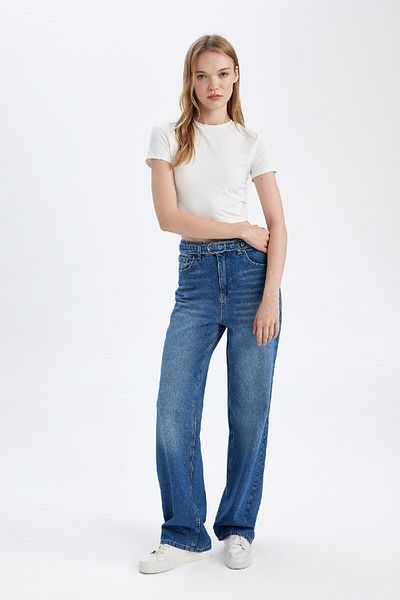 DeFacto Pantaloni largi din anii 90 cu talie înaltă - Pantaloni lungi de spălat cu blugi D1336ax24wn