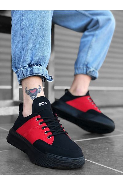 BOA Ba0163 Lace-Up Men's High Sole Black Red Sneakers