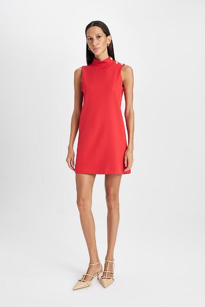 DeFacto Halber Rollkragen-Basic-Kleid mit geradem Knopf, ärmellos, rotes Minikleid D2873ax24au
