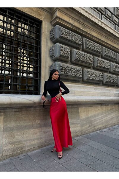 LB Laluna Butik Női piros hosszú szatén szoknya