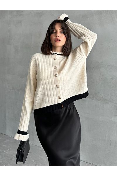 NATUFIAN STORE Black and White Women's Knitwear Cardigan - Loose Ankle Design