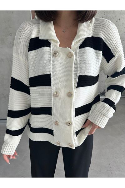 NATUFIAN STORE Black and White Striped - Women's Knitwear Cardigan with Eight Buttons