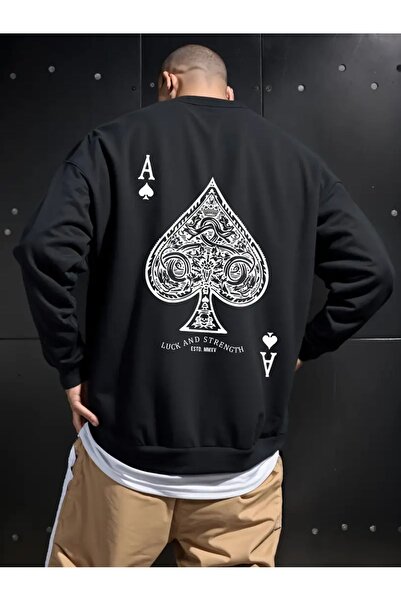 AEMİ Hanorac negru supradimensionat unisex - imprimat Ace of Spades, decolteu, 3 fire