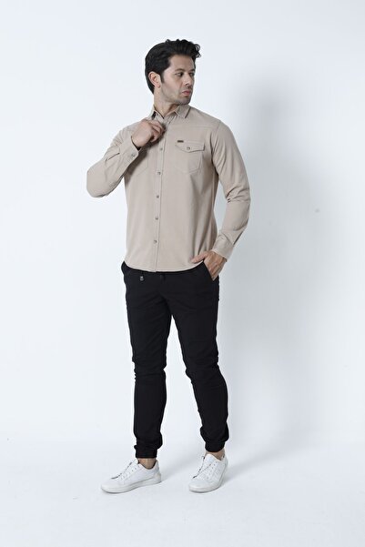 Cordial Ανδρικό βαμβακερό πουκάμισο με κανονική εφαρμογή μπεζ φθινοπωρινό/χειμώνα με διπλή τσέπη