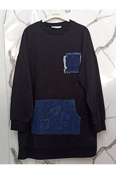 Puane Transpirație tunică pentru femei cu buzunar din denim în față - 10560