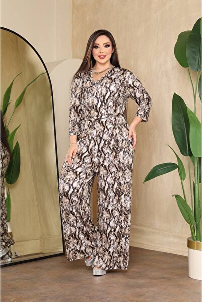 garajmood Mink Patterned Double Breasted Collar Long Sleeve Comfortable Women's Plus Size Jumpsuit