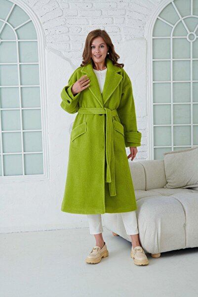 WOMAN VISION Pistáciově zelený midi kabát – dvouřadý límec, pásek, dlouhý rukáv, od ramene, podšitý 9002