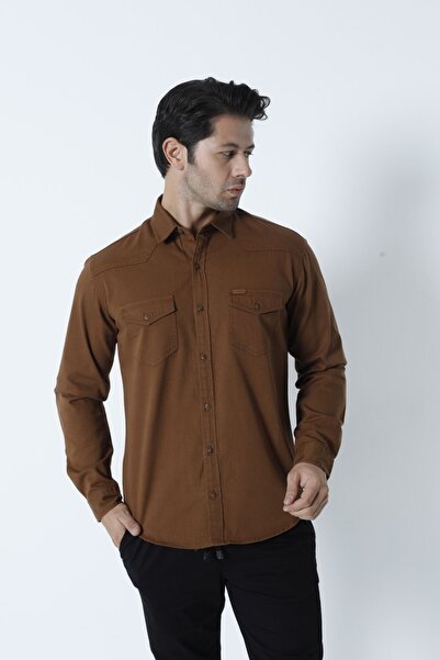 Cordial Мъжка памучна риза с двоен джоб и капак, кафява, есенно-зимна