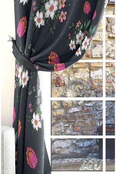 Ardizayn Flower Detailed, Velvet, Digital Printed, Bedroom, Kitchen, Living Room Two Wing Background Curtain