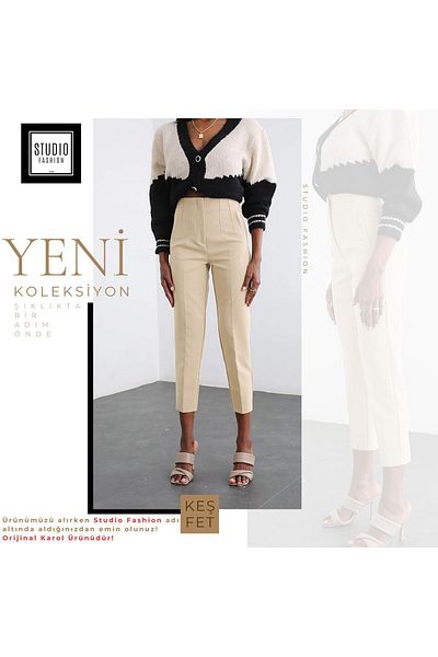 KAROL High Waist Beige Fabric Trousers - Zr Model with Flat Front