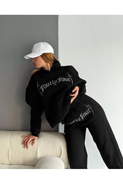OTAKU Unisex Oversize Taş İşlemeli Kapşonlu Sweatshirt Takım