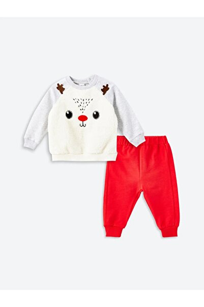 LC Waikiki Lcw Baby - Cream Colored Embroidered Sweatshirt and Sweatpants Set for Baby Boy 2 Pieces