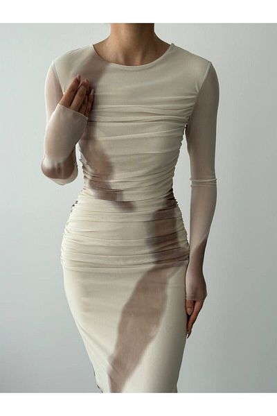 BETULAKSUBUTİK Jewel Beige Patterned Ruffle Sleeve Detailed Crew Neck Sleeveless Lined Premium Tulle Dress
