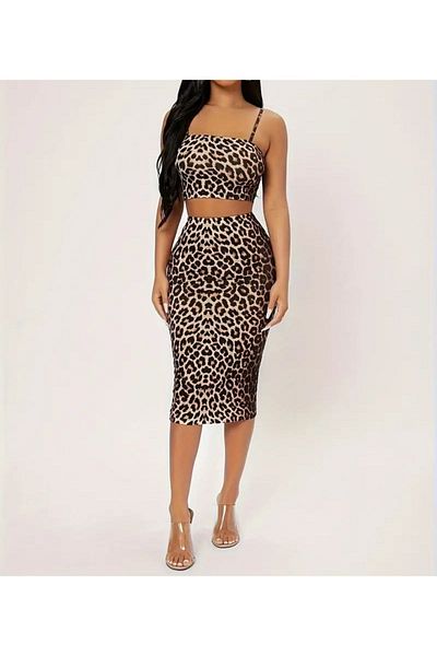 Lion Collection Leopard Patterned Crop Skirt and Top Set