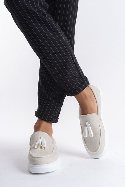 BZ Moda B154 BT - Ανδρικά λινά κλασικά παπούτσια casual, χωρίς κορδόνια, ορθοπεδική σόλα, τύπος φούντας Corcik - Λευκό