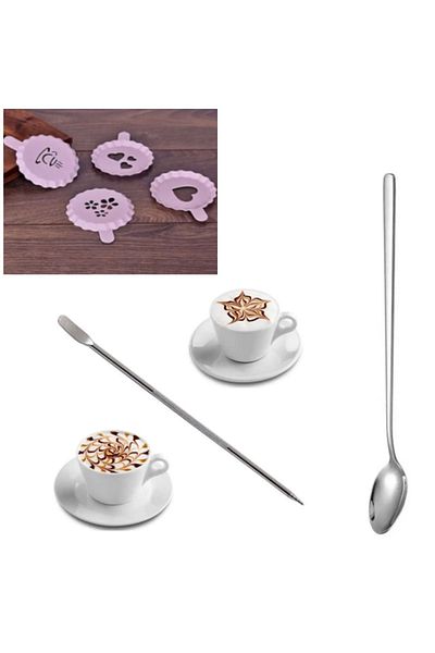 adin tasarım 6-Piece Latte Art Set - Pen Stick, Spoon and Stencil