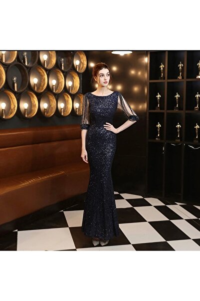 elissaa Bisiklet yaka kolları boncuklu pul payet abiye elbise