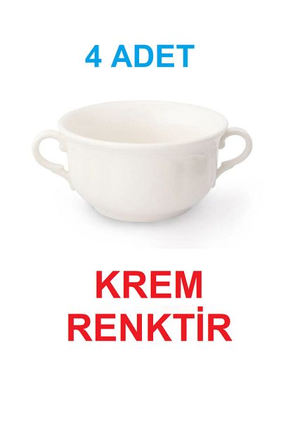 melik's Cream Colored Double Handle Porcelain Soup Container - Ice Cream Bowl 12 cm 350 Cc 4 Pieces