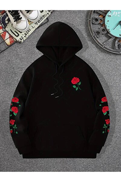 Machetta Унисекс суитшърт с качулка и принт на зимни рози - 3 нишки, 100% памук