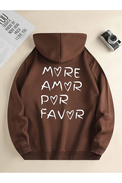 Keywest More Amor Por Favor Printed Unisex Oversize Χειμερινό φούτερ - 3 κλωστές 100% βαμβακερή κουκούλα