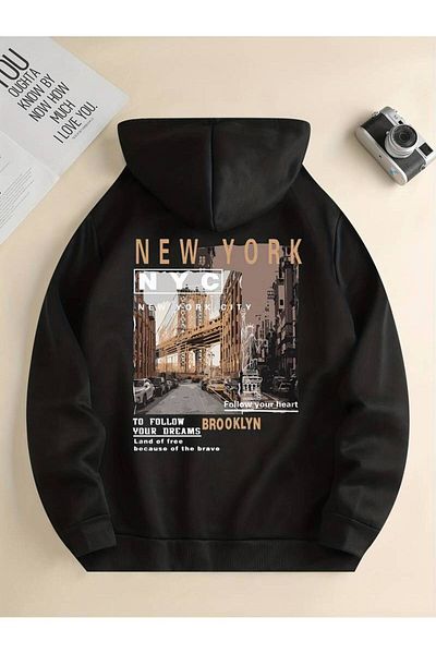 Machetta New York Printed Unisex Oversize φούτερ με κουκούλα - 3 κλωστές 100% βαμβακερό χειμερινό φούτερ