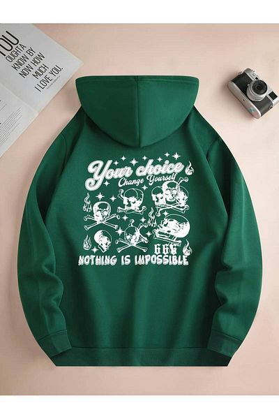 Keywest Unisex "Nothing Is Impossible" Χειμερινό φούτερ με στάμπα μεγάλου μεγέθους - 3 κλωστές, 100% βαμβάκι, κουκούλα