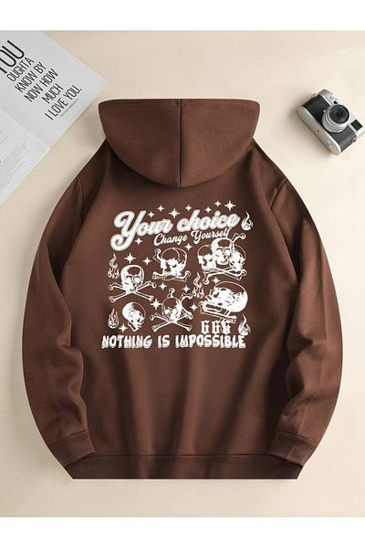 Machetta Unisex "Nothing Is Impossible" Χειμερινό φούτερ με στάμπα μεγάλου μεγέθους - 3 κλωστές, 100% βαμβάκι, κουκούλα