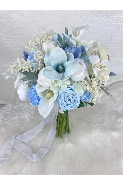 Buketlife Turkuaz açık mavi beyaz lilyum gelin çiçeği buketi ve yaka çiçeii