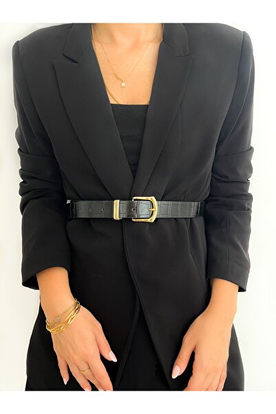 Generic Brand Black Crocodile Leather Model Belt with Gold Buckle